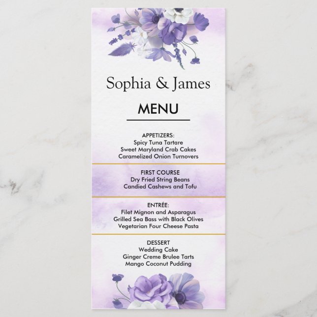 Menú Elegant Purple Watercolor wedding (Anverso)