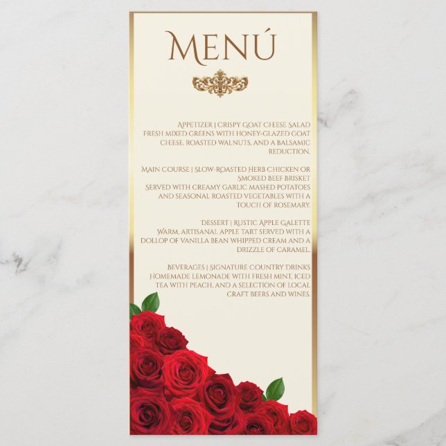 Menú Elegant Red Roses and Gold Frame Cream Wedding (Anverso)