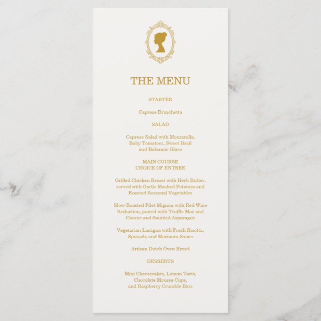 Menú Elegant Regency Era Blue and Gold Bridal Shower (Anverso)