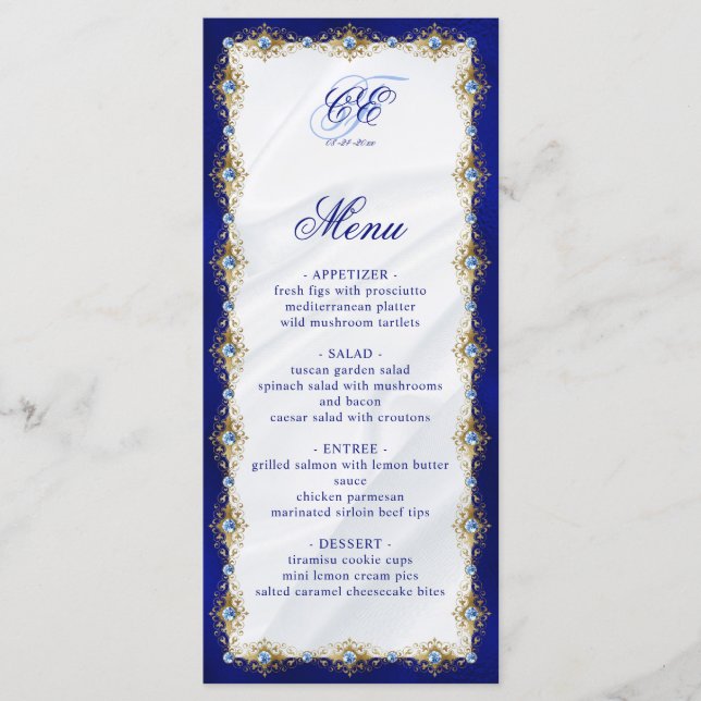 Menú Elegant Royal Blue Floral Monogram Wedding (Anverso)