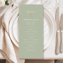 Menú Elegant Sage Green Religious Cross First Communion