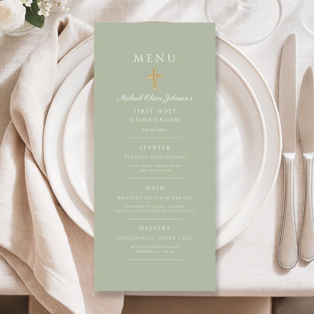 Menú Elegant Sage Green Religious Cross First Communion (Elegant Sage Green Religious Cross First Communion Menu)