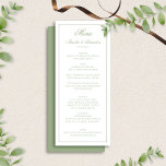 Menú Elegant Sage Green & White Border Script Wedding<br><div class="desc">This classic wedding menu features a soft sage green and white color palette with an elegant border and timeless script typography. Designed with a refined front-and-back layout, the front showcases your curated menu while the coordinating back adds a polished, finished look to each card. Perfect for formal, garden, and classic...</div>