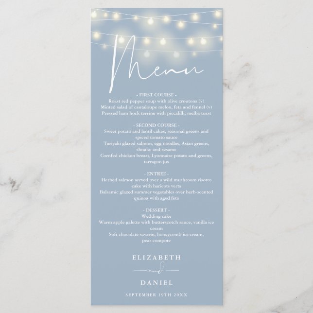Menú Elegant String Lights Dusty Blue Wedding Dinner (Anverso)