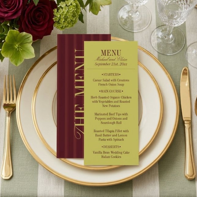 Menú Elegant Stripe Chartreuse Burgundy Wedding Dinner (Elegant Stripe Chartreuse Burgundy Wedding Dinner Menu)