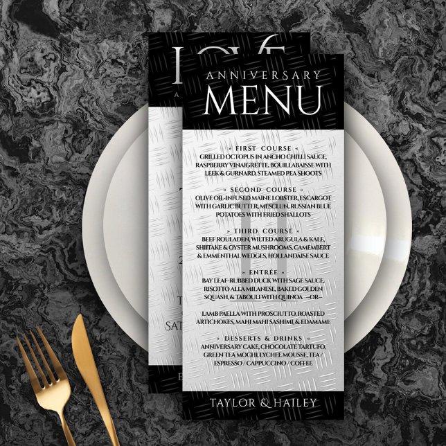 Menú Elegante 11ª celebración del Aniversario del Boda  (Elegant 11th Steel Wedding Anniversary Menu Rack Card Cover Photo.)