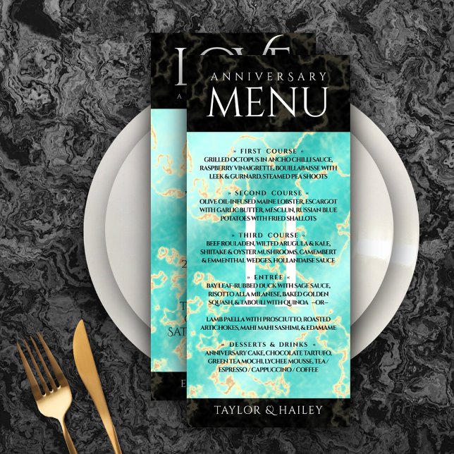Menú Elegante 11º Aniversario Boda Turquesa (Elegant 11th Turquoise Wedding Anniversary Menu Rack Card Cover Photo.)