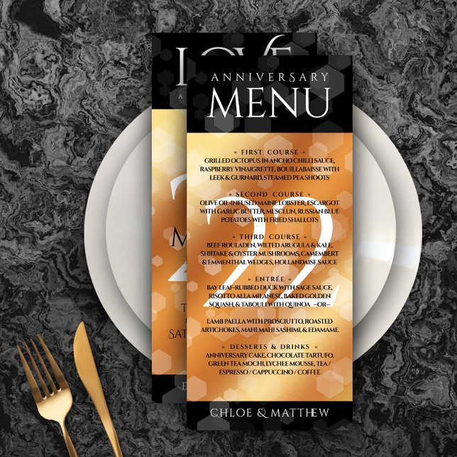 Menú Elegante 22° Aniversario del Boda del Cobre (Elegant 22nd Copper Wedding Anniversary Menu Rack Card Cover Photo.)