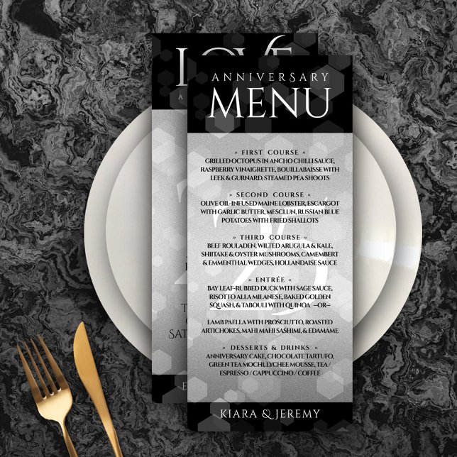 Menú Elegante 25° aniversario Boda de Plata (Elegant 25th Silver Wedding Anniversary Menu Rack Card Cover Photo.)