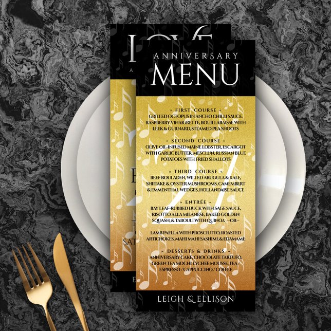 Menú Elegante 27ª celebración del Aniversario del Boda  (Elegant 27th Music Wedding Anniversary Menu Rack Card Cover Photo.)
