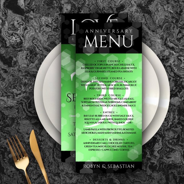 Menú Elegante 38° aniversario de Boda Esmeralda (Elegant 38th Emerald Wedding Anniversary Menu Rack Card Cover Photo.)