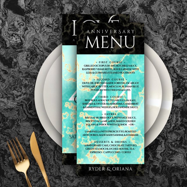 Menú Elegante 44° Aniversario Boda Turquesa (Elegant 44th Turquoise Wedding Anniversary Menu Rack Card Cover Photo.)