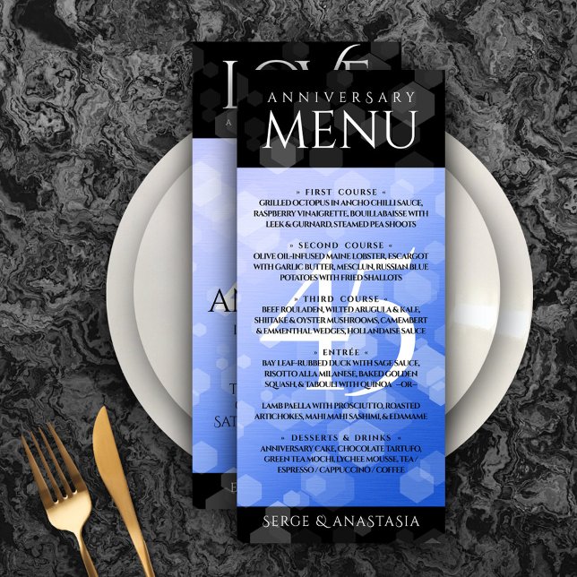 Menú Elegante 45° Aniversario del Boda de Sapphire (Elegant 45th Sapphire Wedding Anniversary Menu Rack Card Cover Photo.)