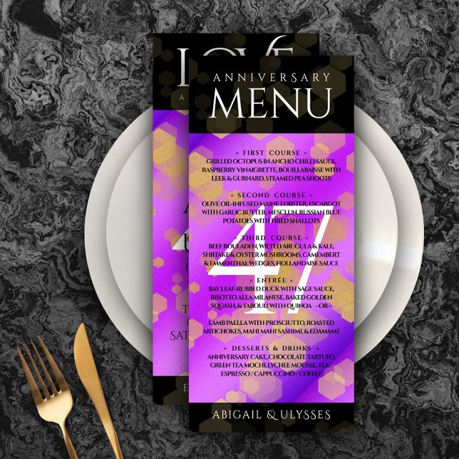 Menú Elegante 47° Aniversario del Boda Ametista (Elegant 47th Amethyst Wedding Anniversary Menu Rack Card Cover Photo.)