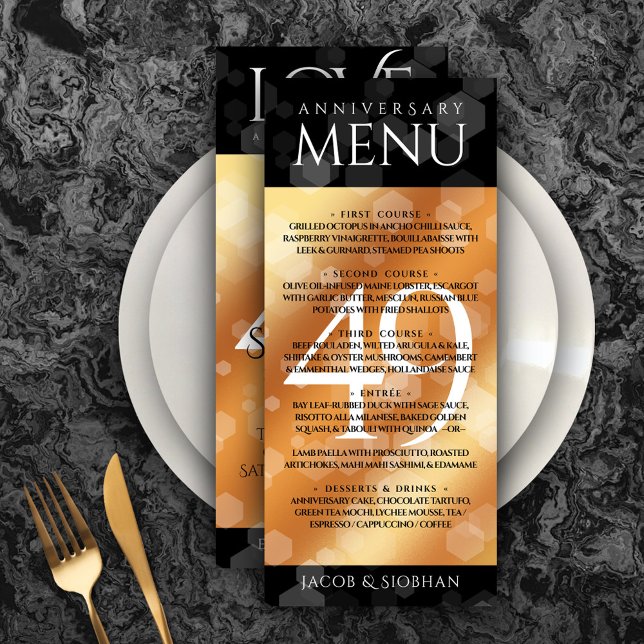 Menú Elegante 49° Aniversario del Boda del Cobre (Elegant 49th Copper Wedding Anniversary Menu Rack Card Cover Photo.)