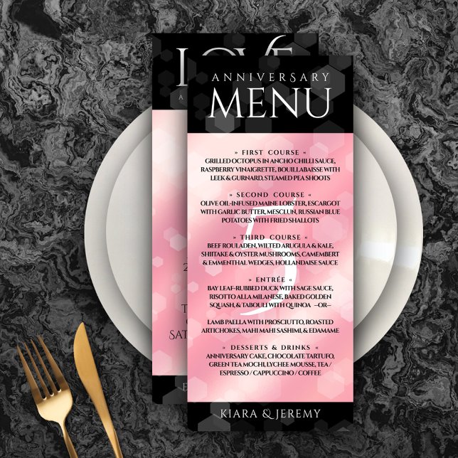 Menú Elegante 5º Rosa Aniversario del Boda del Cuartz (Elegant 5th Rose Quartz Wedding Anniversary Menu Rack Card Cover Photo.)