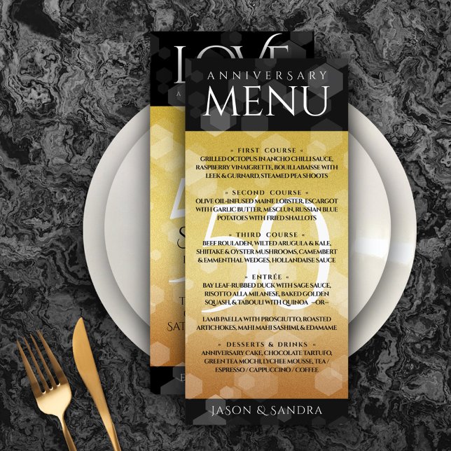 Menú Elegante 50° Aniversario del Boda de Oro (Elegant 50th Golden Wedding Anniversary Menu Rack Card Cover Photo.)