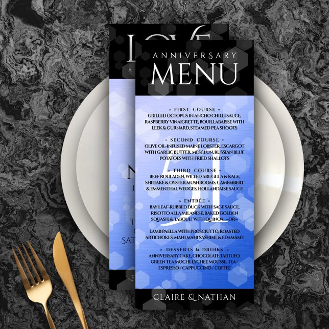 Menú Elegante 51° Aniversario del Boda Sapphire (Elegant 51st Sapphire Wedding Anniversary Menu Rack Card Cover Photo.)