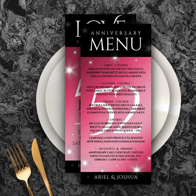 Menú Elegante 52° Aniversario del Boda de Ruby (Elegant 52nd Star Ruby Wedding Anniversary Menu Rack Card Cover Photo.)