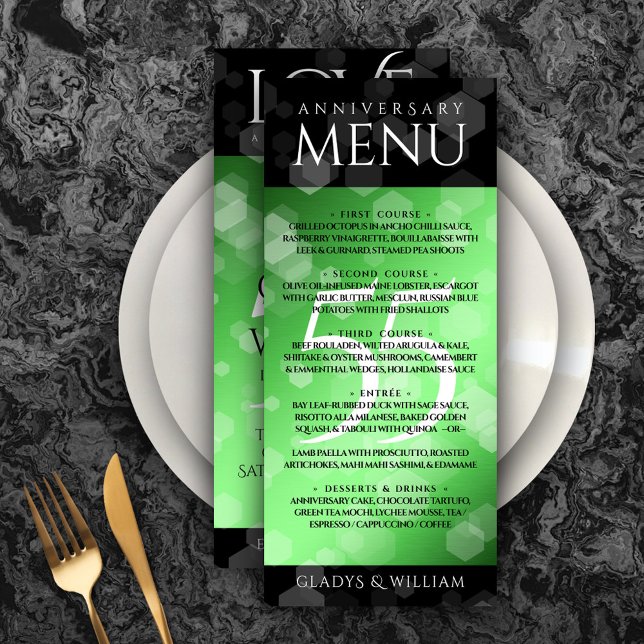 Menú Elegante 55º aniversario de Boda Esmeralda (Elegant 55th Emerald Wedding Anniversary Menu Rack Card Cover Photo.)
