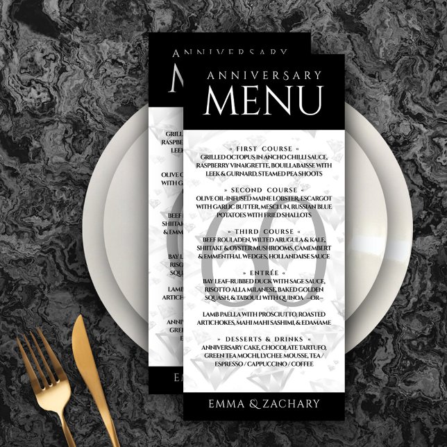 Menú Elegante 60° Aniversario del Boda del Diamante (Elegant 60th Diamond Wedding Anniversary Menu Rack Card Cover Photo.)