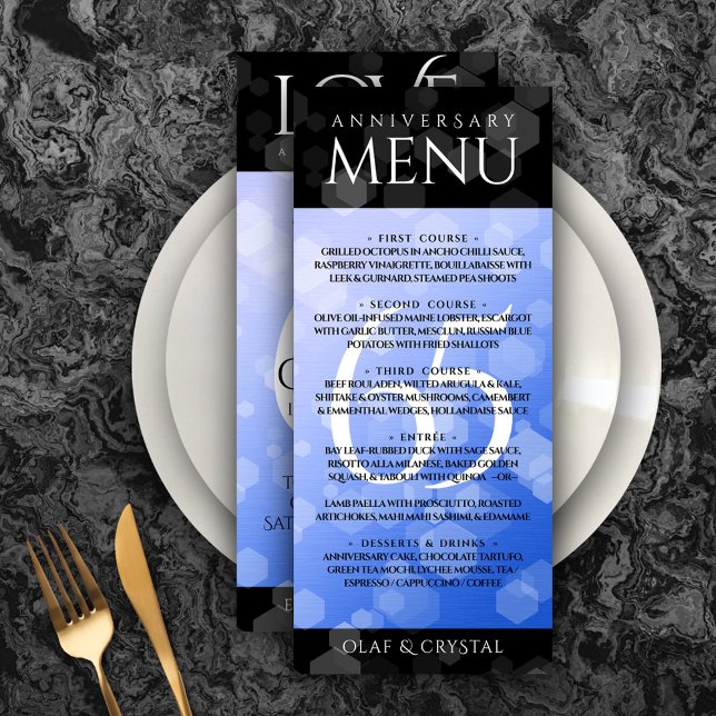Menú Elegante 65º Aniversario del Boda de Zafiro Azul (Elegant 65th Blue Sapphire Wedding Anniversary Menu Rack Card Cover Photo.)