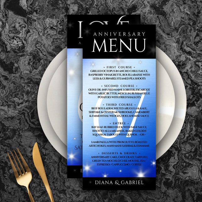 Menú Elegante 67º Aniversario del Boda de Star Sapphire (Elegant 67th Star Sapphire Wedding Anniversary Menu Rack Card Cover Photo.)