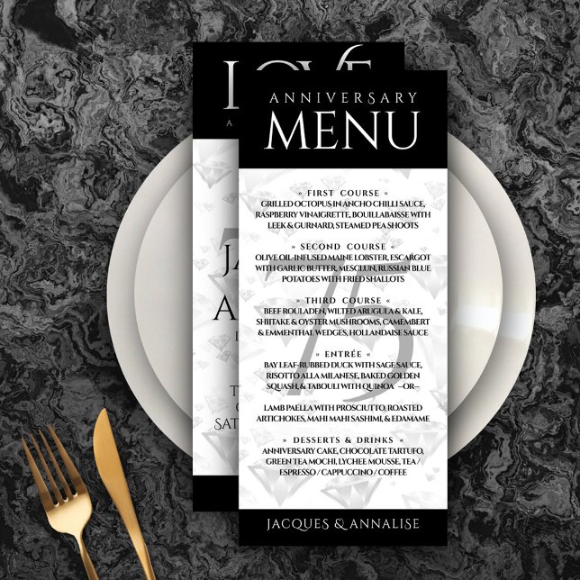 Menú Elegante 75° Aniversario del Boda del Diamante (Elegant 75th Diamond Wedding Anniversary Menu 
Rack Card Cover Photo.)
