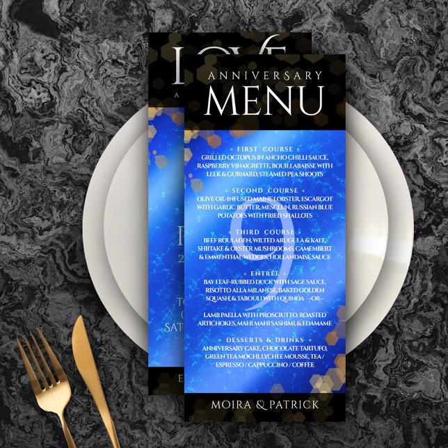 Menú Elegante 9° Aniversario del Boda Lapis Lazuli (Elegant 9th Lapis Lazuli Wedding Anniversary Menu Rack Card Cover Photo.)