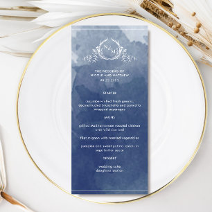 Menú Elegante acuarela azul de la marina, Boda de monog