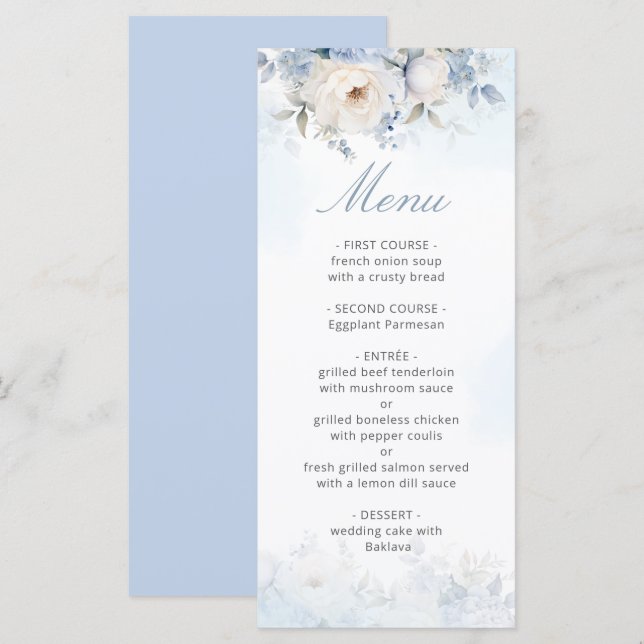 Menú Elegante acuarela Dusty Blue Floral Boda (Anverso / Reverso)