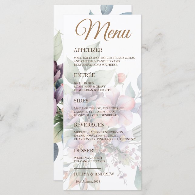 Menú Elegante acuarela floral Boda carta (Anverso / Reverso)