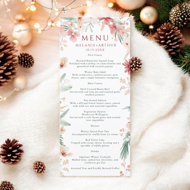 Menú Elegante acuarela Floral Navidades de invierno Bod (Elegant Watercolor Floral Winter Christmas Wedding Menu)