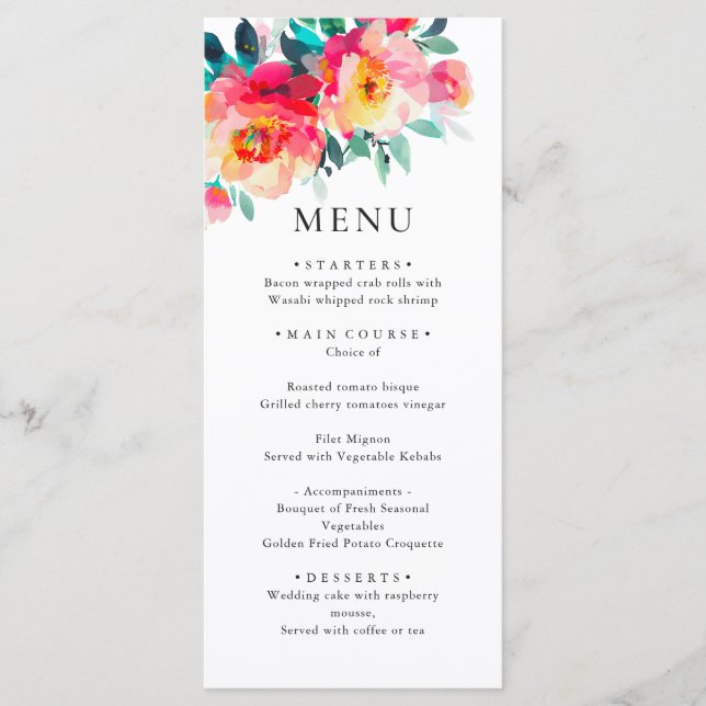 Menú Elegante acuarela Flores salvajes Boda Cena (Anverso)
