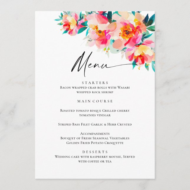 Menú Elegante acuarela Flores salvajes Boda Cena (Anverso)