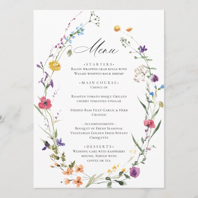Menú Elegante acuarela Flores salvajes Boho Boda Cena (Anverso)
