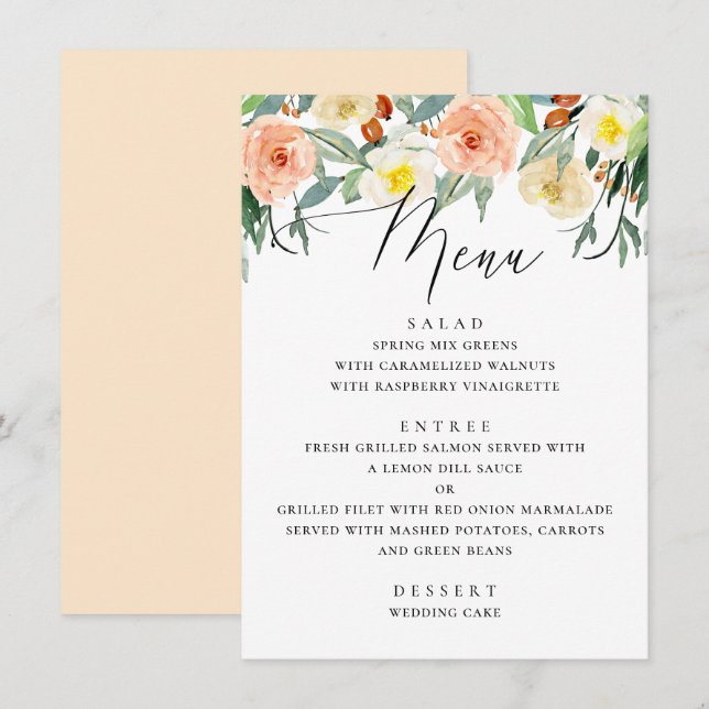Menú Elegante acuarela melocotón floral boda en el jard (Anverso / Reverso)