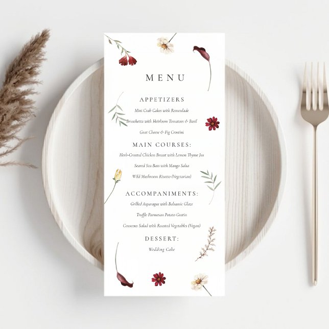 Menú Elegante acuarela otoño Boda de flores silvestres (Elegant Watercolor Fall Autumn Wildflower Wedding Menu)