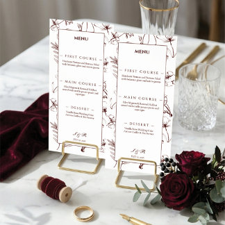 Menú Elegante Arte de Línea Floral Borgoña Boda
