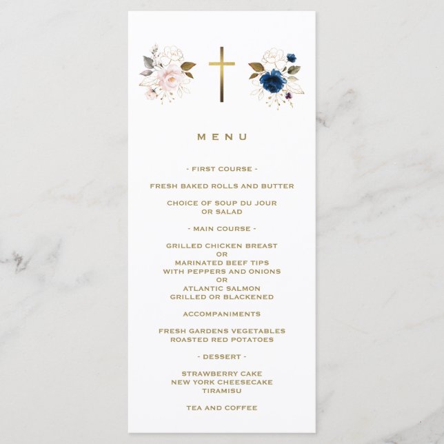 Menú Elegante Baptismo de cruces de oro floral rosa azu (Anverso)