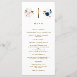Menú Elegante Baptismo de cruces de oro floral rosa azu