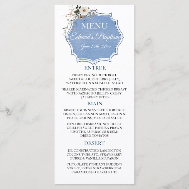 Menú Elegante Bautismo Azul Dusto Floral (Anverso)