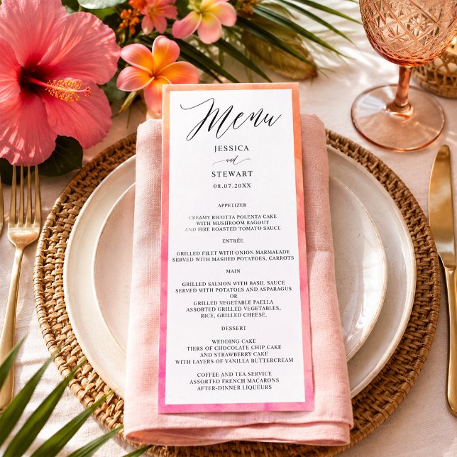 Menú Elegante Boda Acuarela Moderna en Rosa y Naranja (Elegant Modern Pink Orange Watercolor Wedding Menu)
