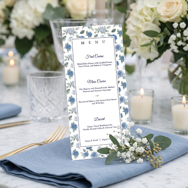 Menú Elegante Boda Acuarela Rosa Azul Francés (Bon appétit! 🍽️ Elegant blue floral menus for your perfect tablescape. 💙)