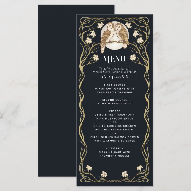 Menú Elegante Boda Art Nouveau Owls (Anverso / Reverso)