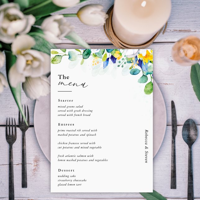 Menú Elegante boda azul blanco amarillo floral (Subido por el creador)