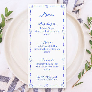 Menú Elegante Boda azul de conchas de la mano de la cos