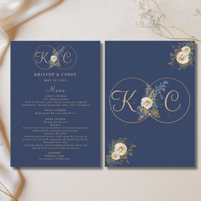 Menú Elegante Boda azul de la Marina de Monograma Dorad (Subido por el creador)