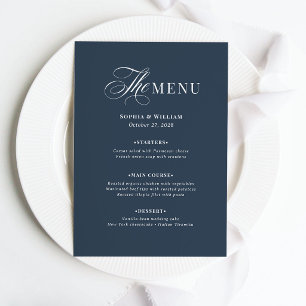 Menú Elegante Boda Azul Marino Clásico Lujo
