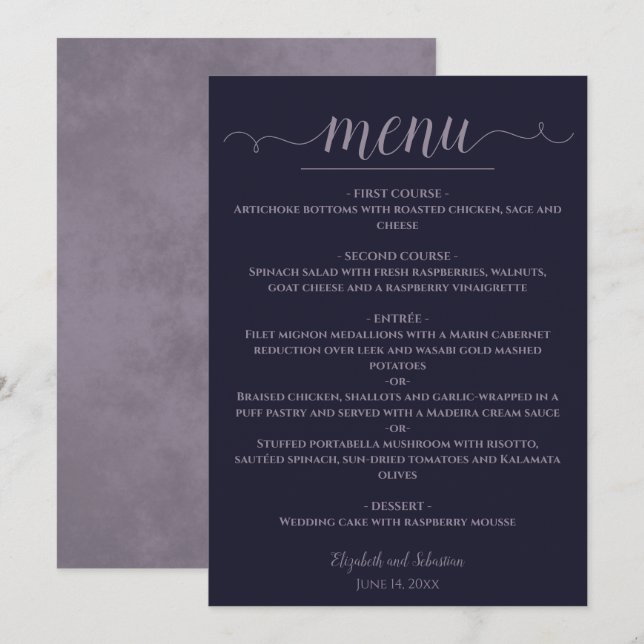 Menú Elegante Boda azul y violeta de la marina (Anverso / Reverso)